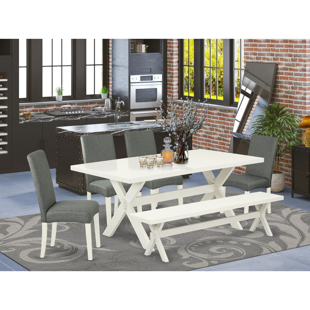6-Piece Wooden Dining Table Set with Gray Smoke Linen Fabric Seat Chairs and Bench T6607