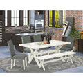 6-Piece Wooden Dining Table Set with Gray Smoke Linen Fabric Seat Chairs and Bench T6607