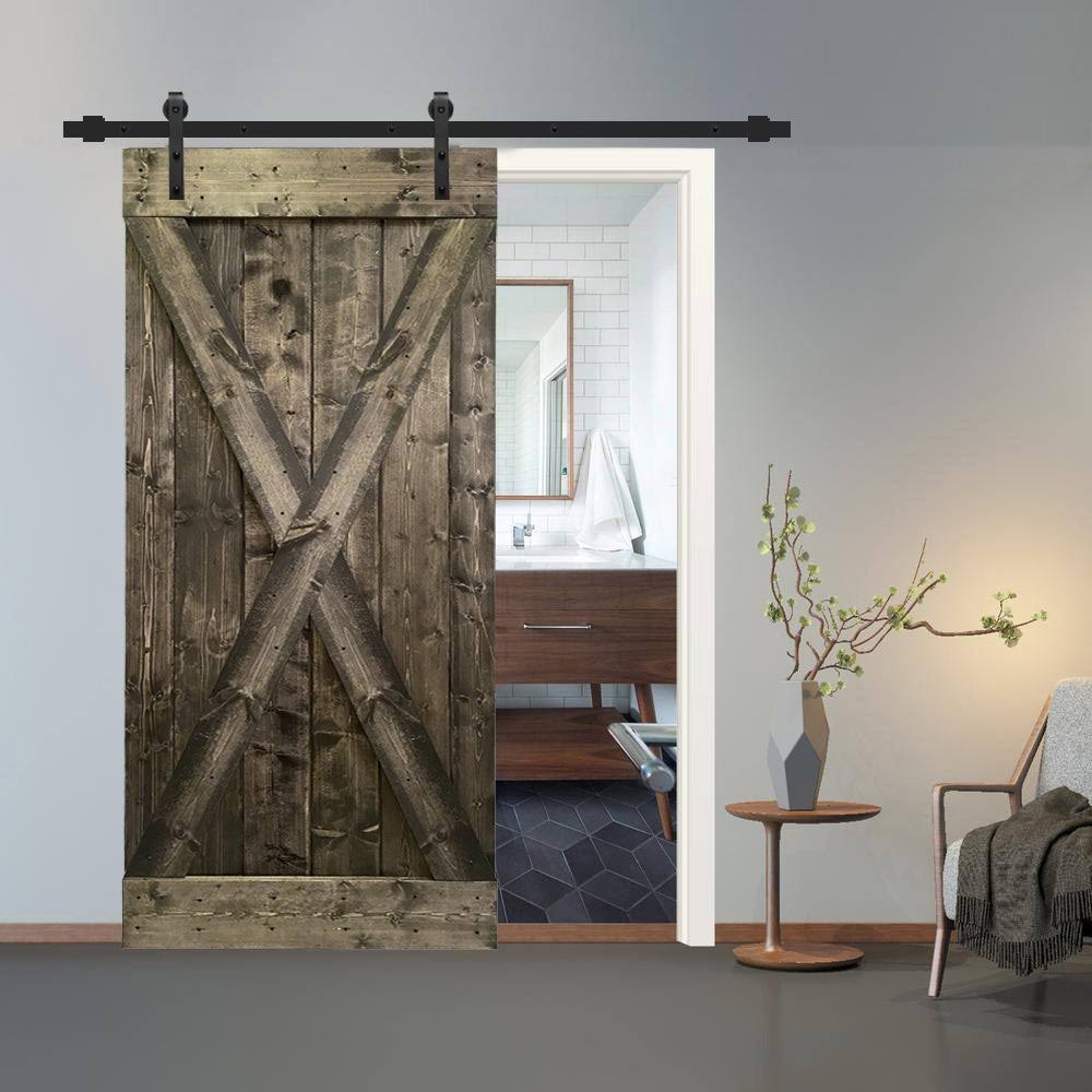 Espresso Stained Solid Knotty Pine Wood Interior Sliding Barn Door with Hardware Kit G68374