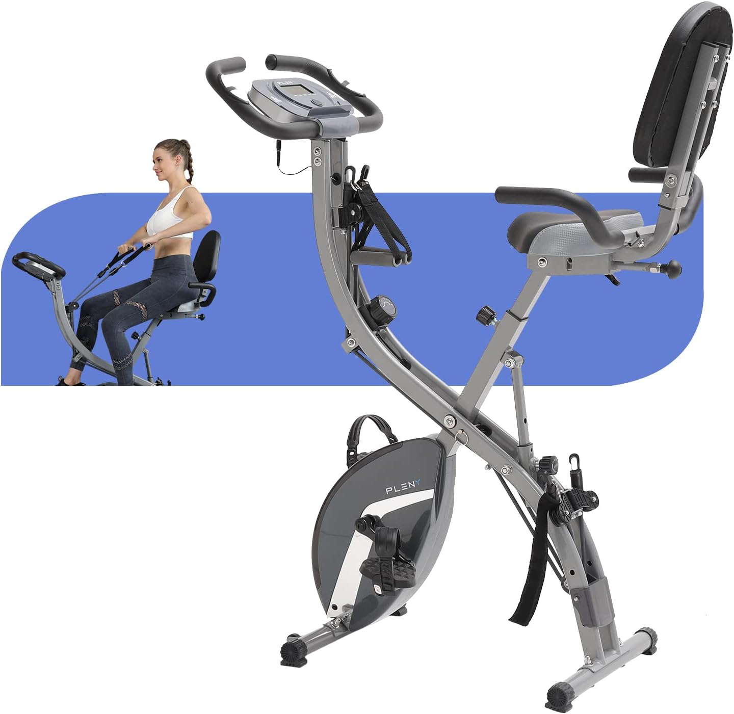 Foldable Magnetic Indoor Cycling Exercise Bike with Resistance Bands and Ankle Strap S395