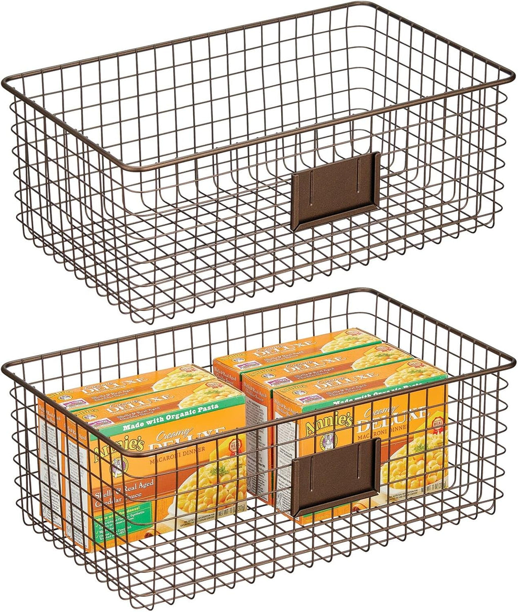Metal Wire Food Organizer Storage Bin Basket with Label Slot, 2 Pack, Matte Black V4247