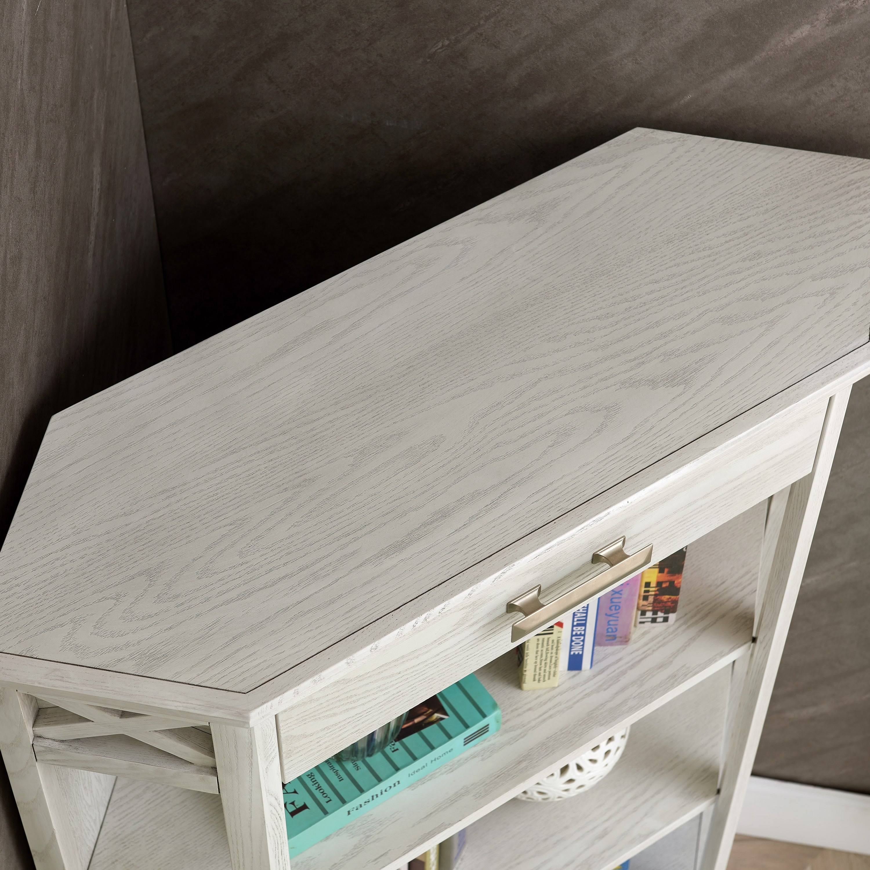 Weathered White 3-Shelf Corner Bookcase with Drawer Storage G355567