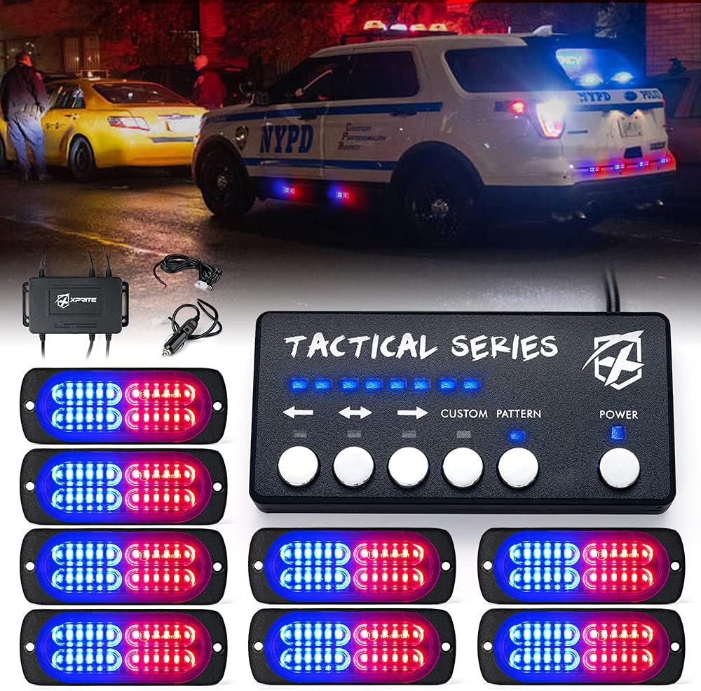 24 LED Surface Mount Strobe Lights Kit with Control Panel Red Blue, 8PCS V8305