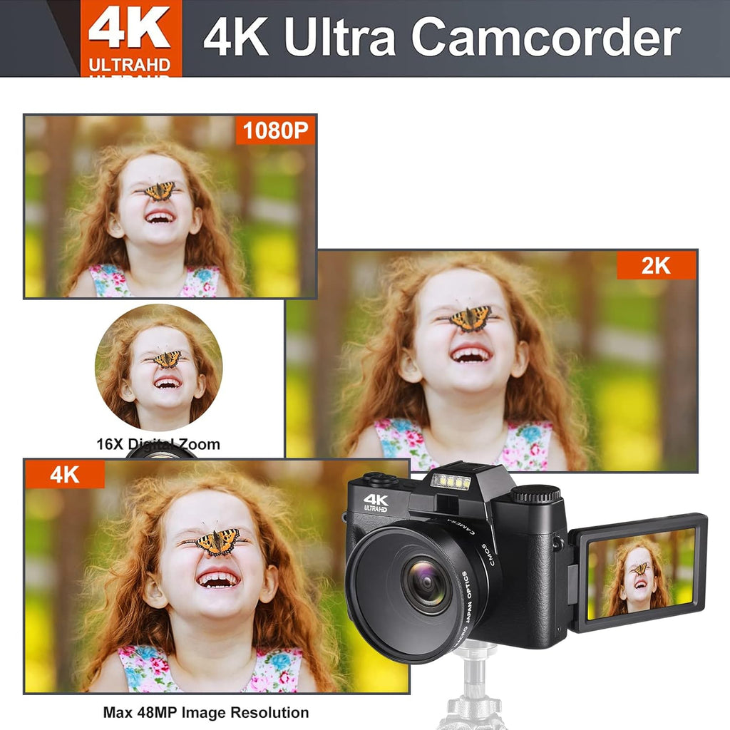 4K Digital Vlogging Camera with WiFi, 48MP, 3.0" IPS Flip Screen, 16X Digital Zoom P6128