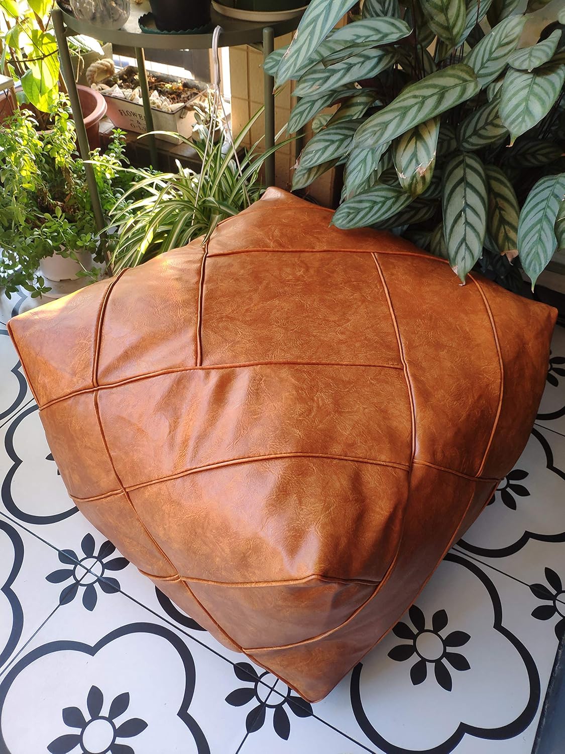 Boho Handmade Faux PU Leather Moroccan Pouf Footstool Ottoman Unstuffed 18.9 x 14.96 Square Floor Cushion (Orange) P33724