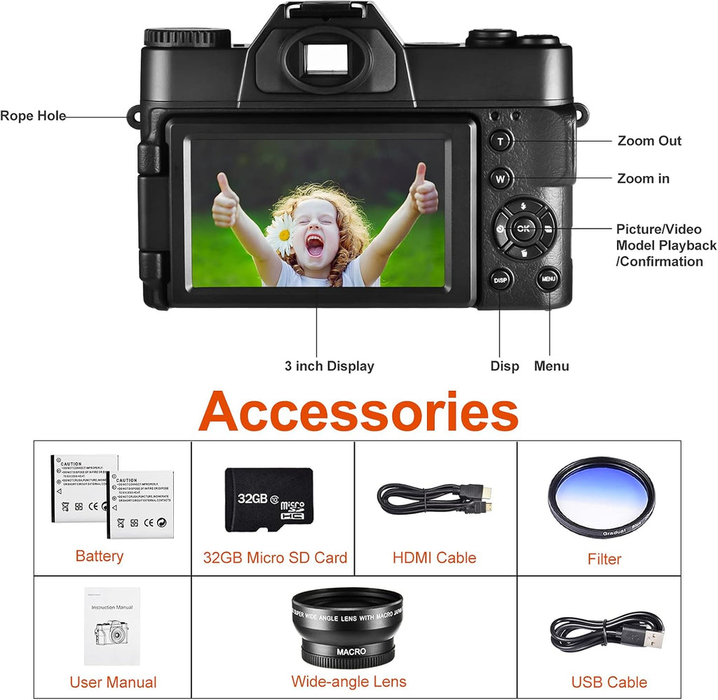 4K Digital Vlogging Camera with WiFi, 48MP, 3.0" IPS Flip Screen, 16X Digital Zoom P6128