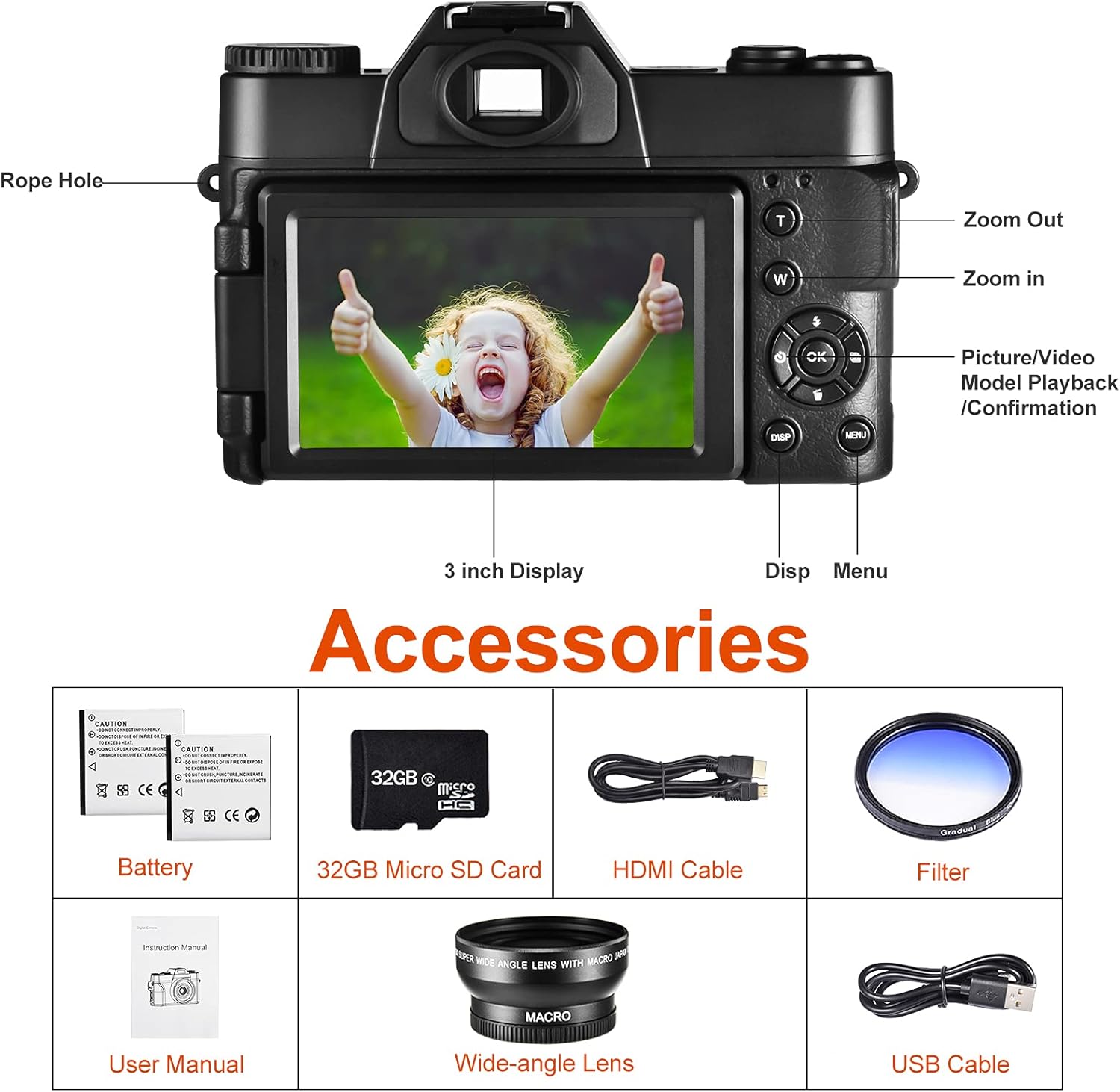 4K Digital Vlogging Camera with WiFi, 48MP, 3.0" IPS Flip Screen, 16X Digital Zoom P6128