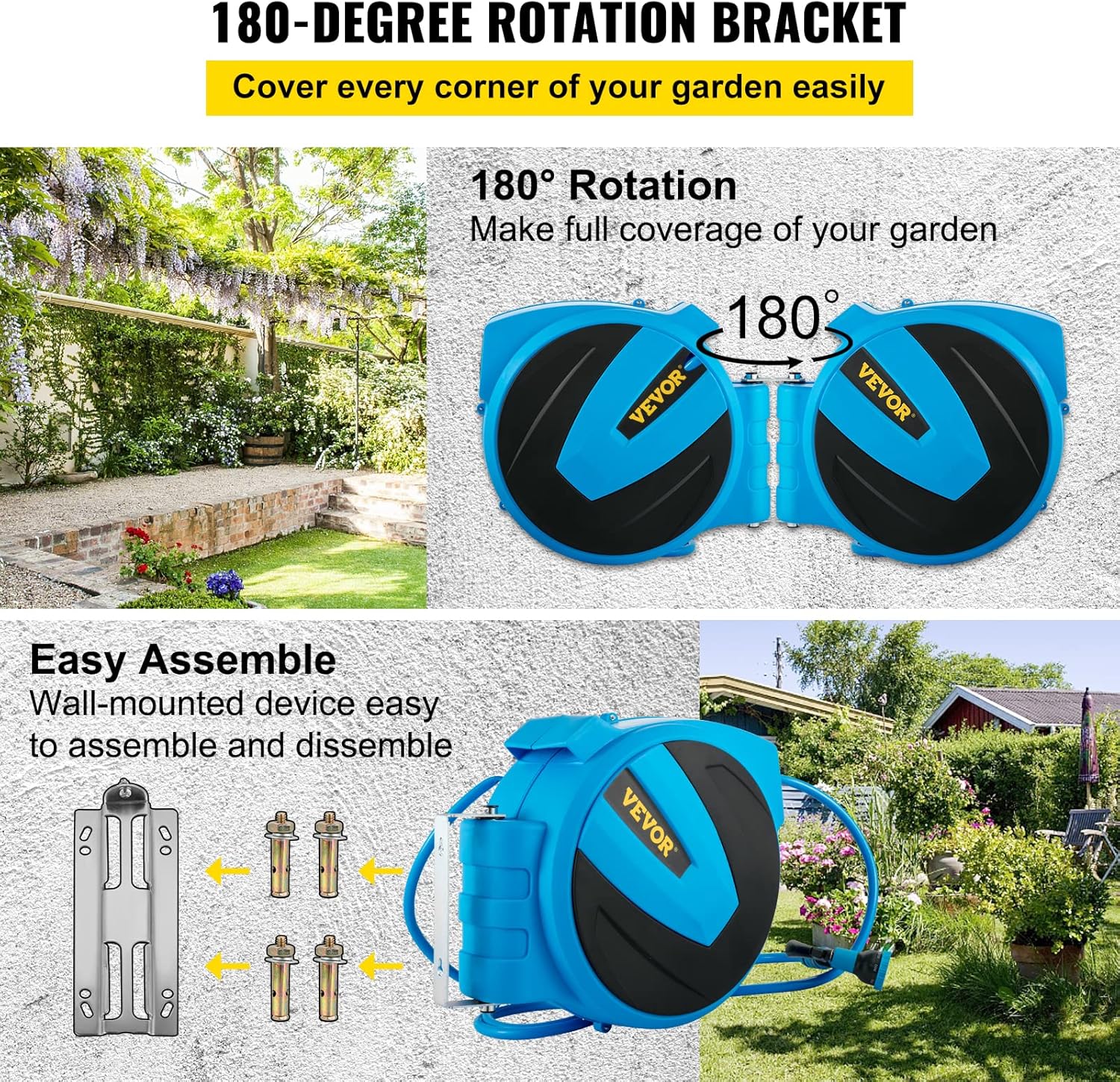 Retractable Wall Mounted Garden Hose Reel, 5/8 inch x 65 ft, Blue, Pack of 2 U819