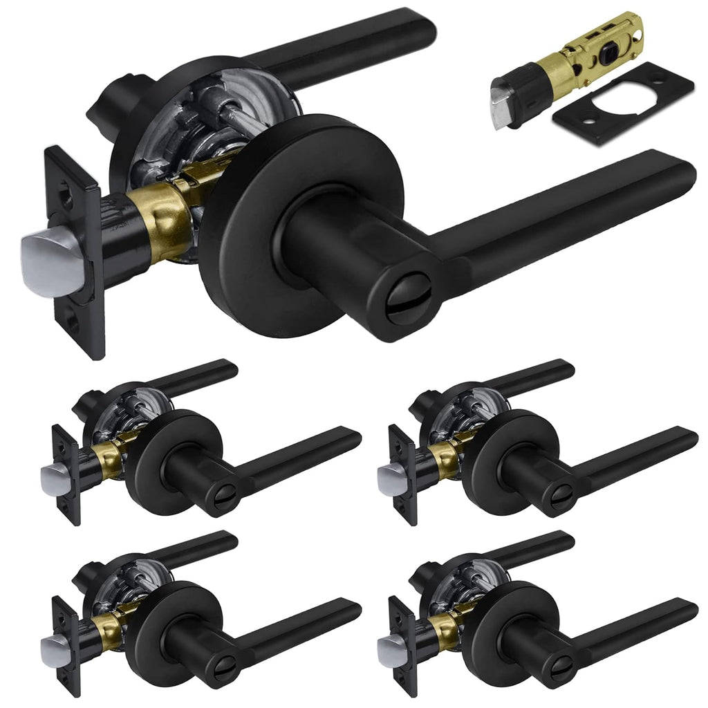 [5 Pack] Matte Black Privacy Door Handle with Removable Latch Plate L838337