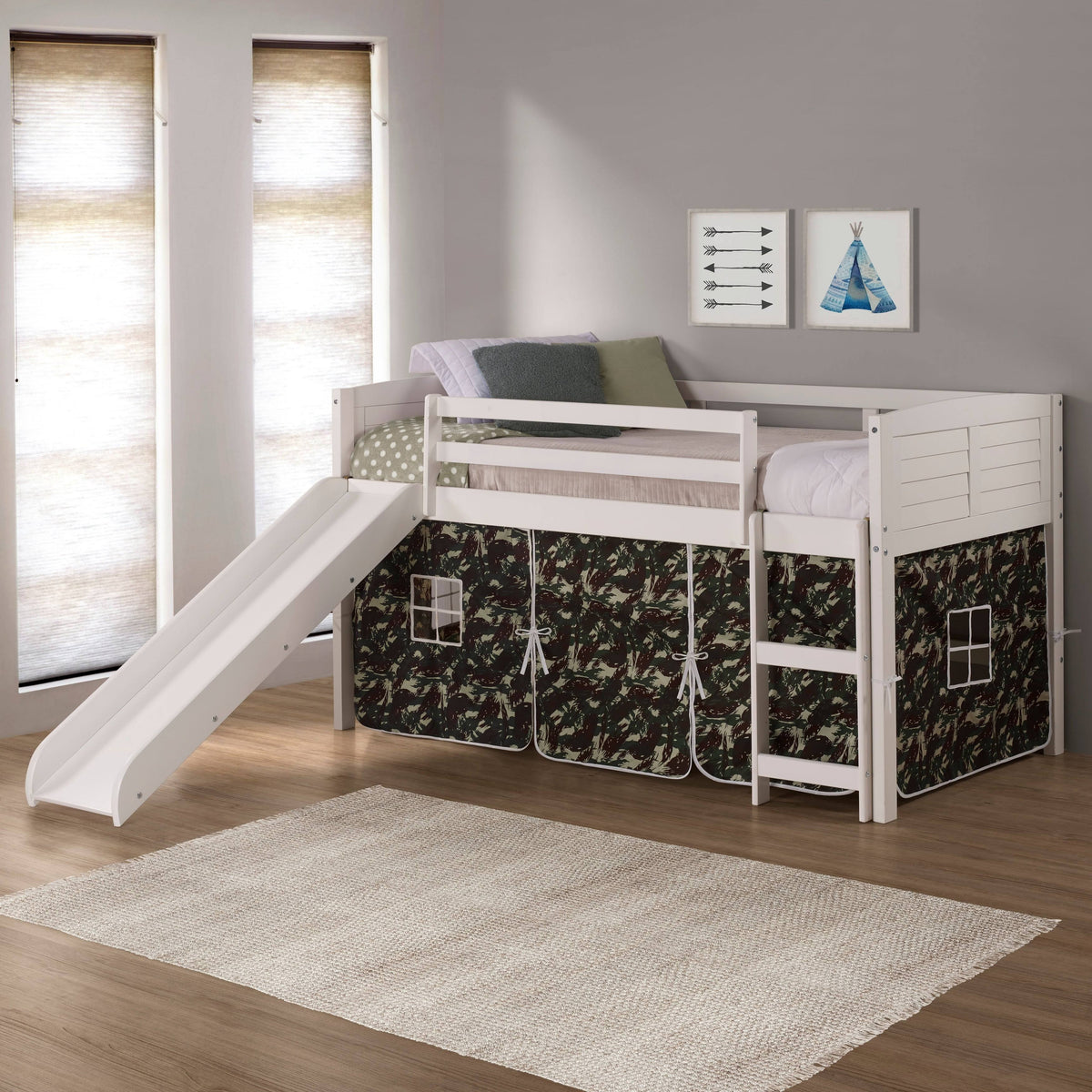 Twin Low Loft White Bed with Camo Tent and Slide R7278