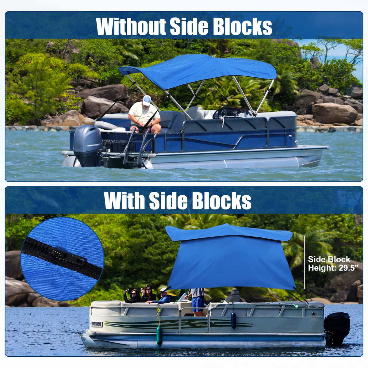 600D 3 Bow 6'L x 46"H x 67"-72"W Bimini Top Canvas Cover with Detachable Side Blocks Storage Blue F16791