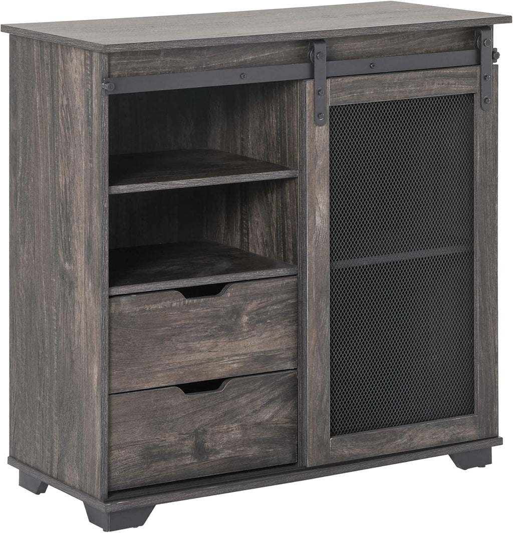 Industrial Storage Cabinet Sideboard Buffet with 2 Drawers, 2 Shelves & Metal Mesh Door, Dark Brown/Black N7076