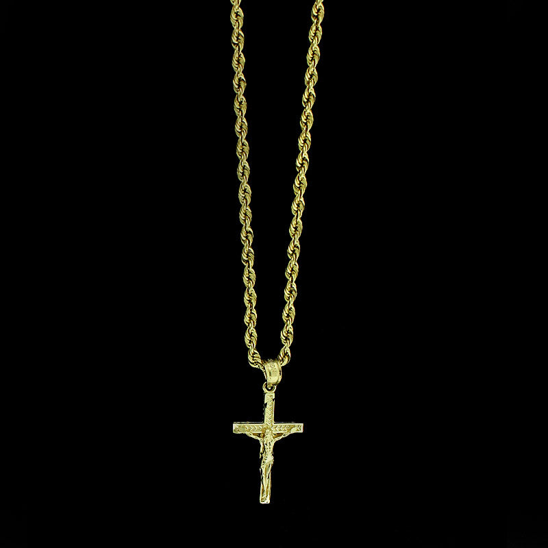 10K Yellow Gold Jesus Cross Charm Pendant Diamond Cut Rope Chain P538