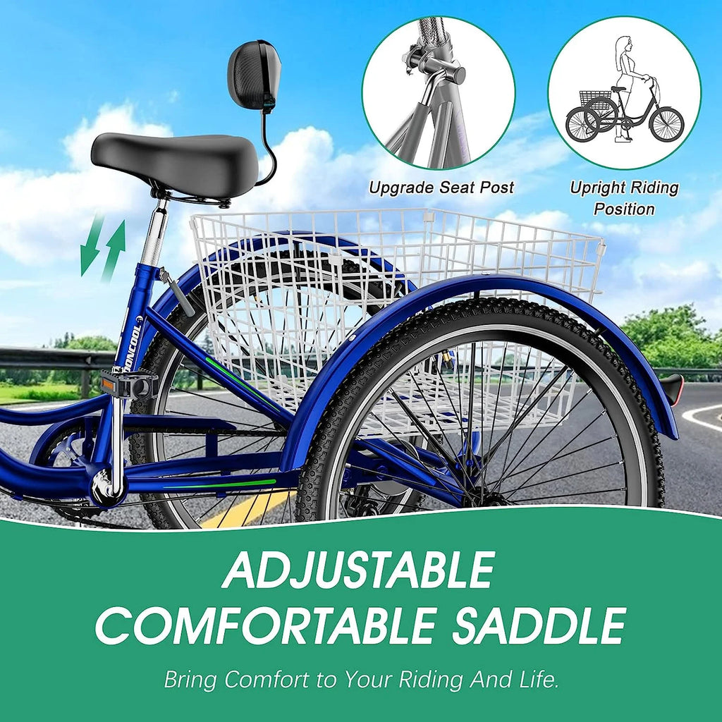 Blue Adult Tricycle 24" 7-Speed with Shopping Basket I5011
