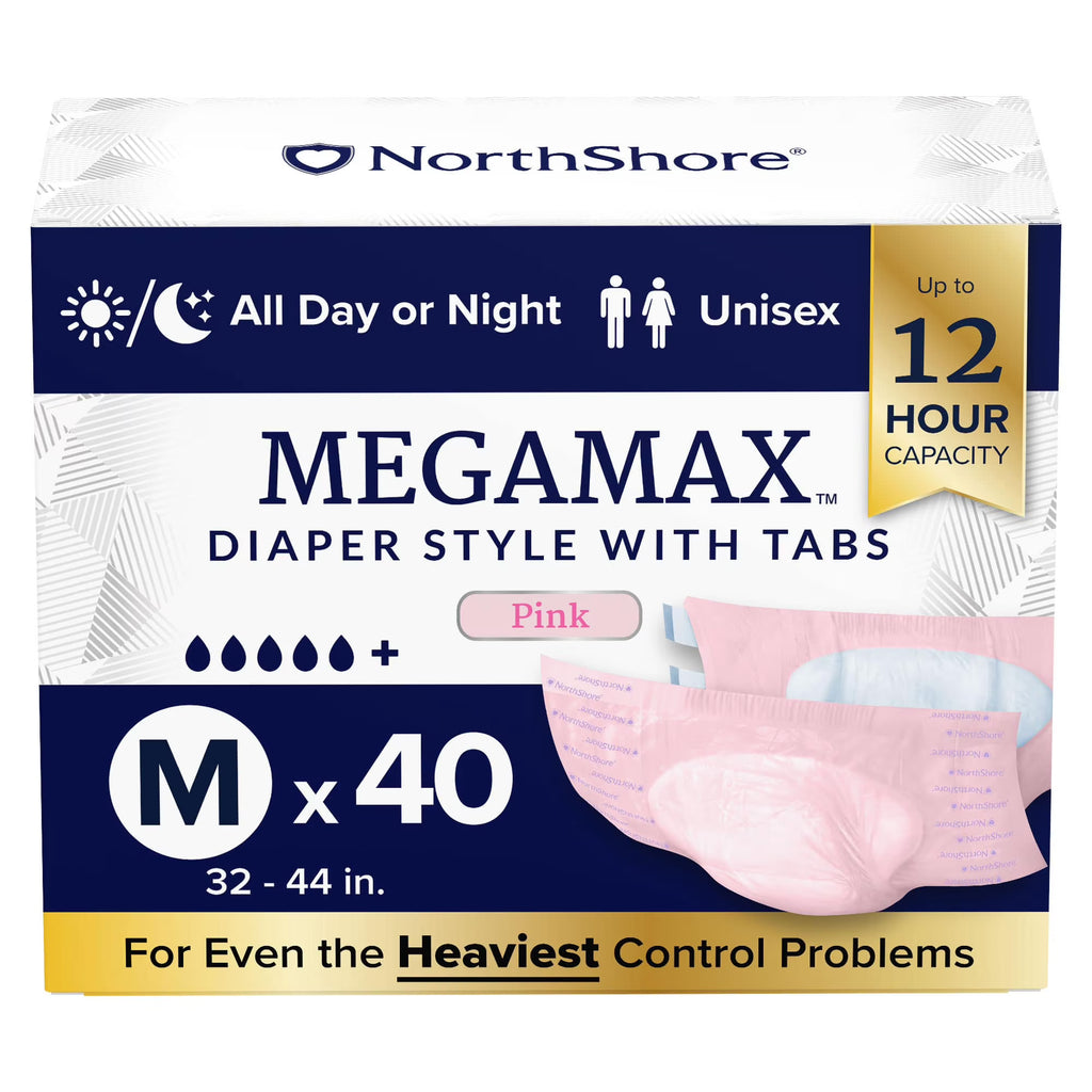 MegaMax Adult Overnight Diapers, Tab-Style, Medium, 40 Count Case, Pink, Unisex Incontinence Underwear G46645