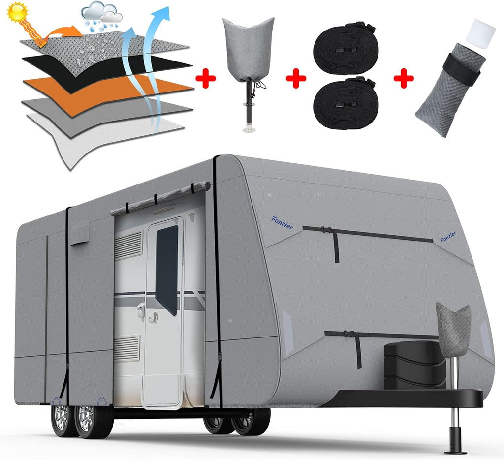 5 Layers Travel Trailer RV Cover Heavy Duty Camper Cover with Tongue Jack Cover, 2Pcs Straps & Gutter Covers N35679