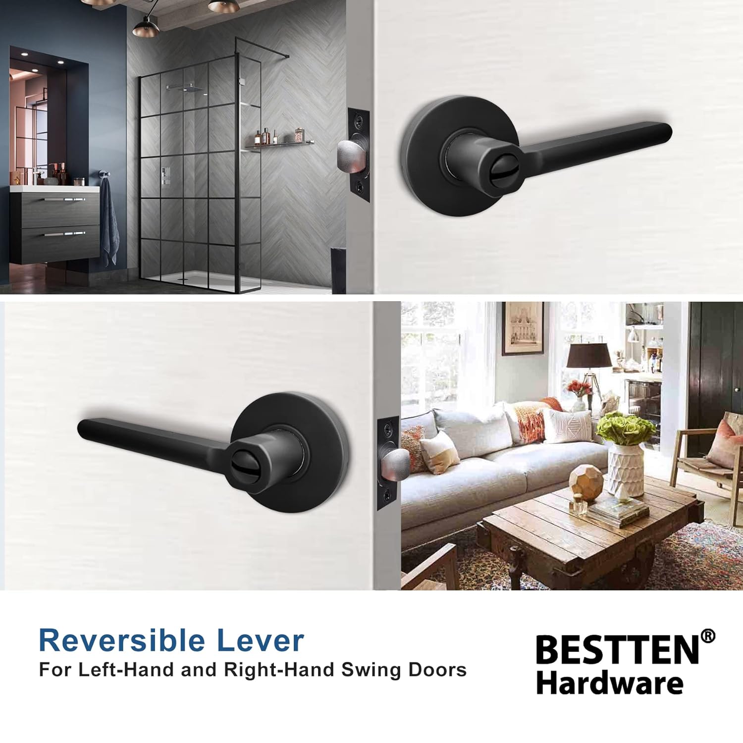 [5 Pack] Matte Black Privacy Door Handle with Removable Latch Plate L838337