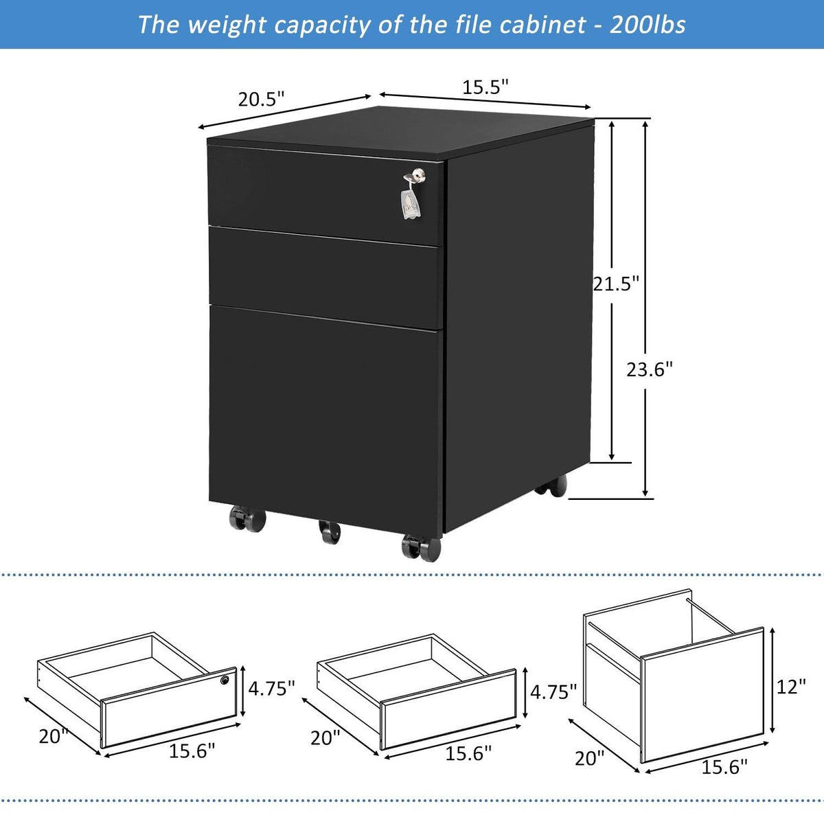 Black Metal 3 Drawer Lockable File Cabinet Q875