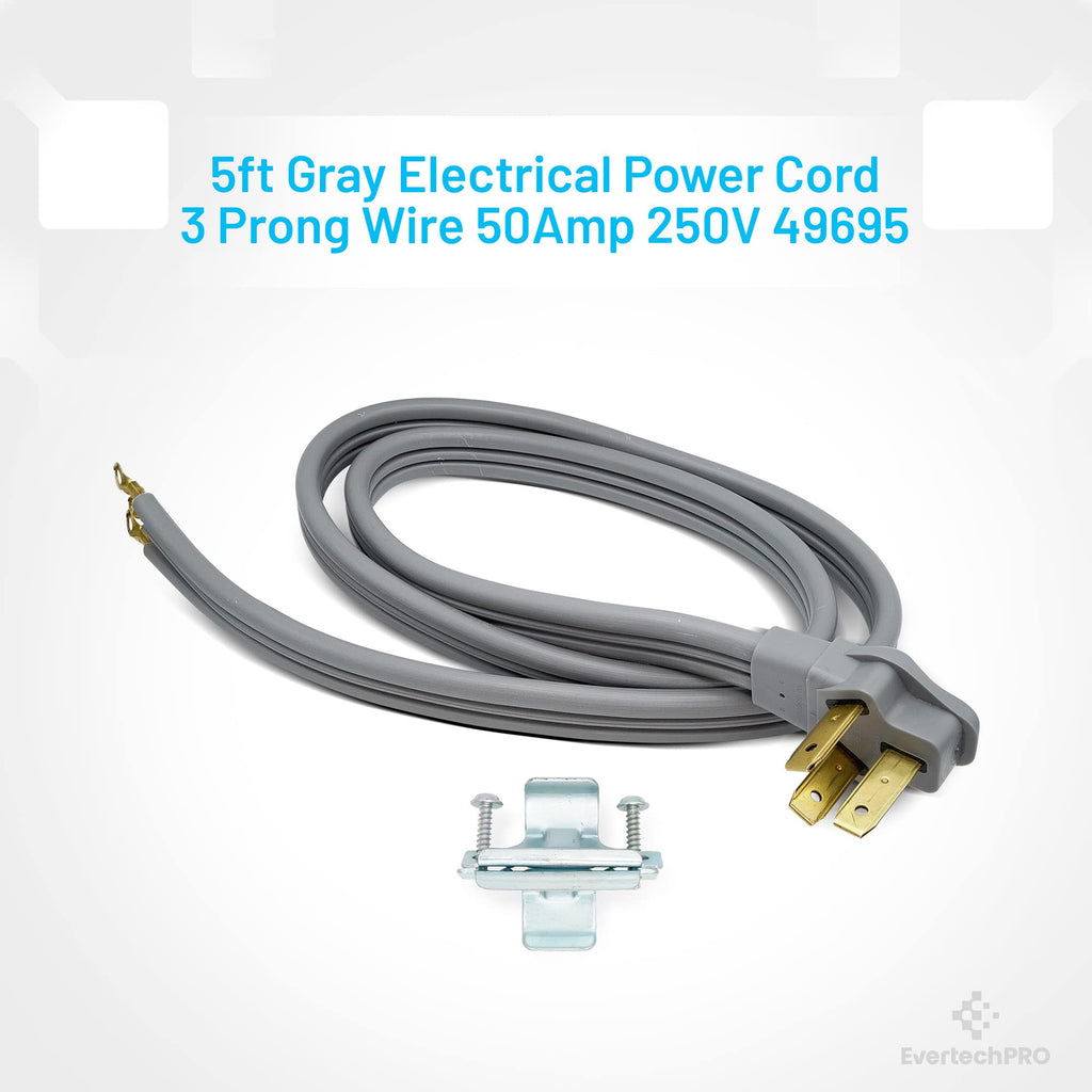 5ft 3 Prong Power Cord with Open End Range Connectors and 3 Copper Wires - 50 Amp Rated Power Cord - 60” Gray Z1753