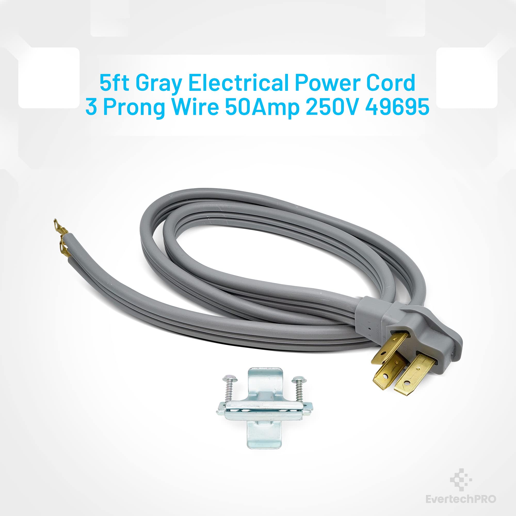 5ft 3 Prong Power Cord with Open End Range Connectors and 3 Copper Wires - 50 Amp Rated Power Cord - 60” Gray Z1753