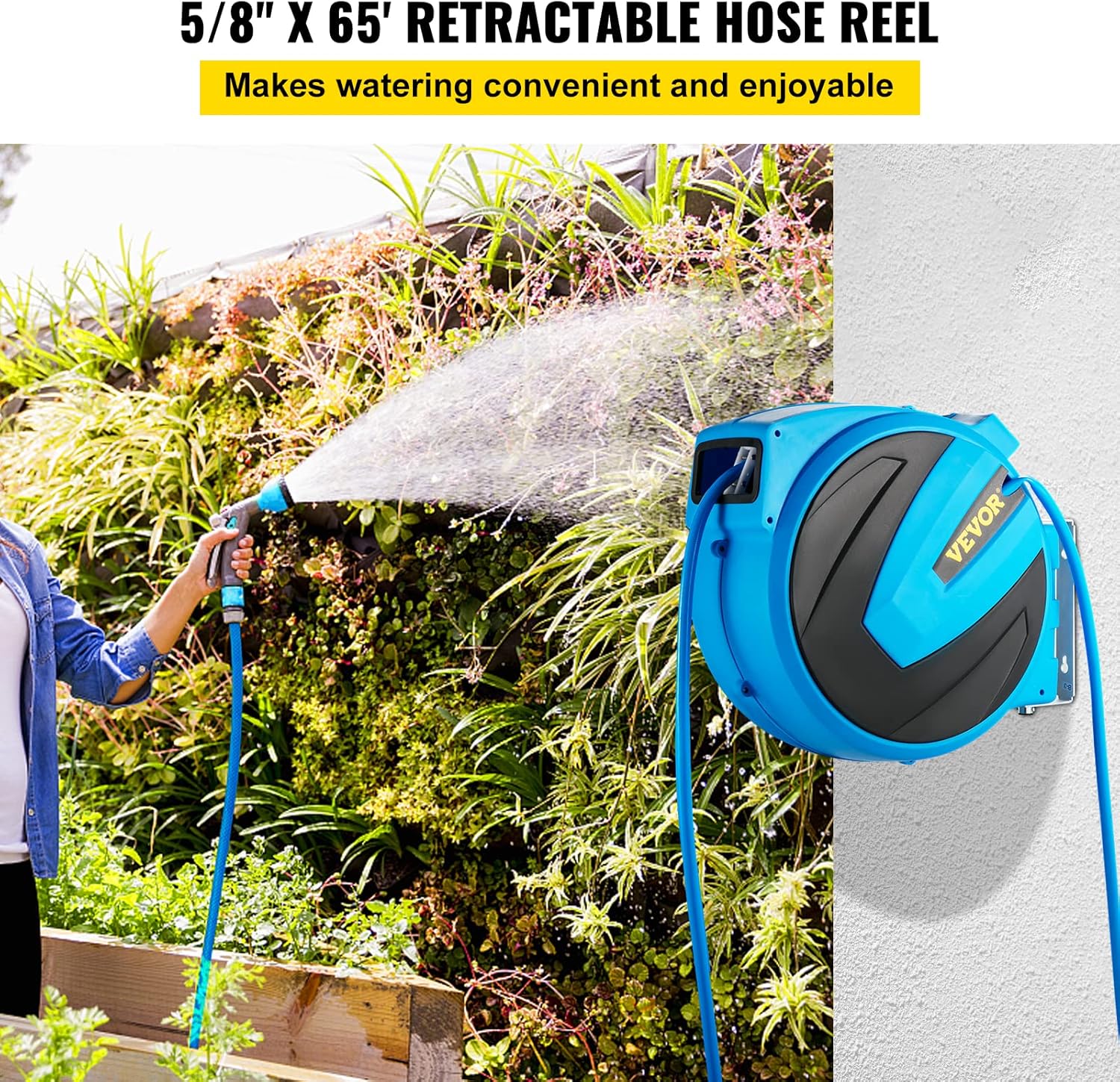 Retractable Wall Mounted Garden Hose Reel, 5/8 inch x 65 ft, Blue, Pack of 2 U819