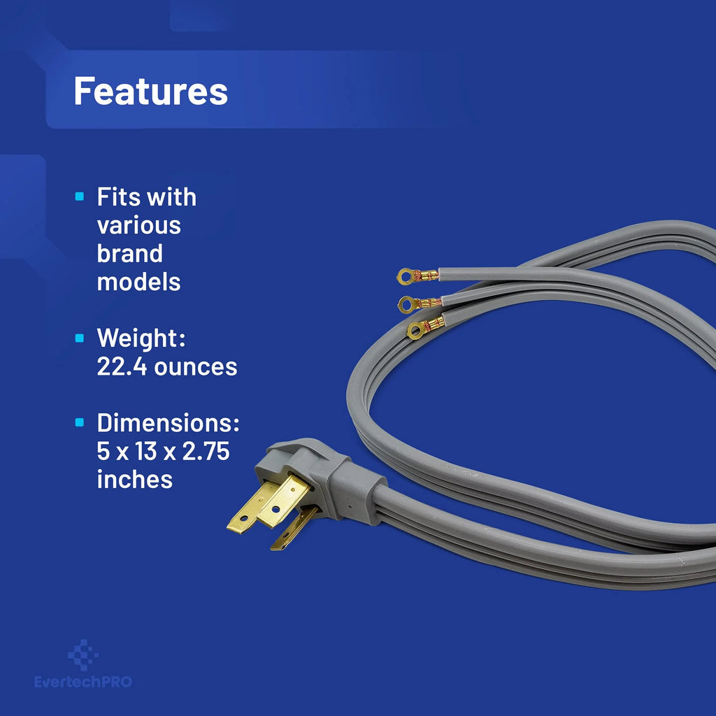 5ft 3 Prong Power Cord with Open End Range Connectors and 3 Copper Wires - 50 Amp Rated Power Cord - 60” Gray Z1753