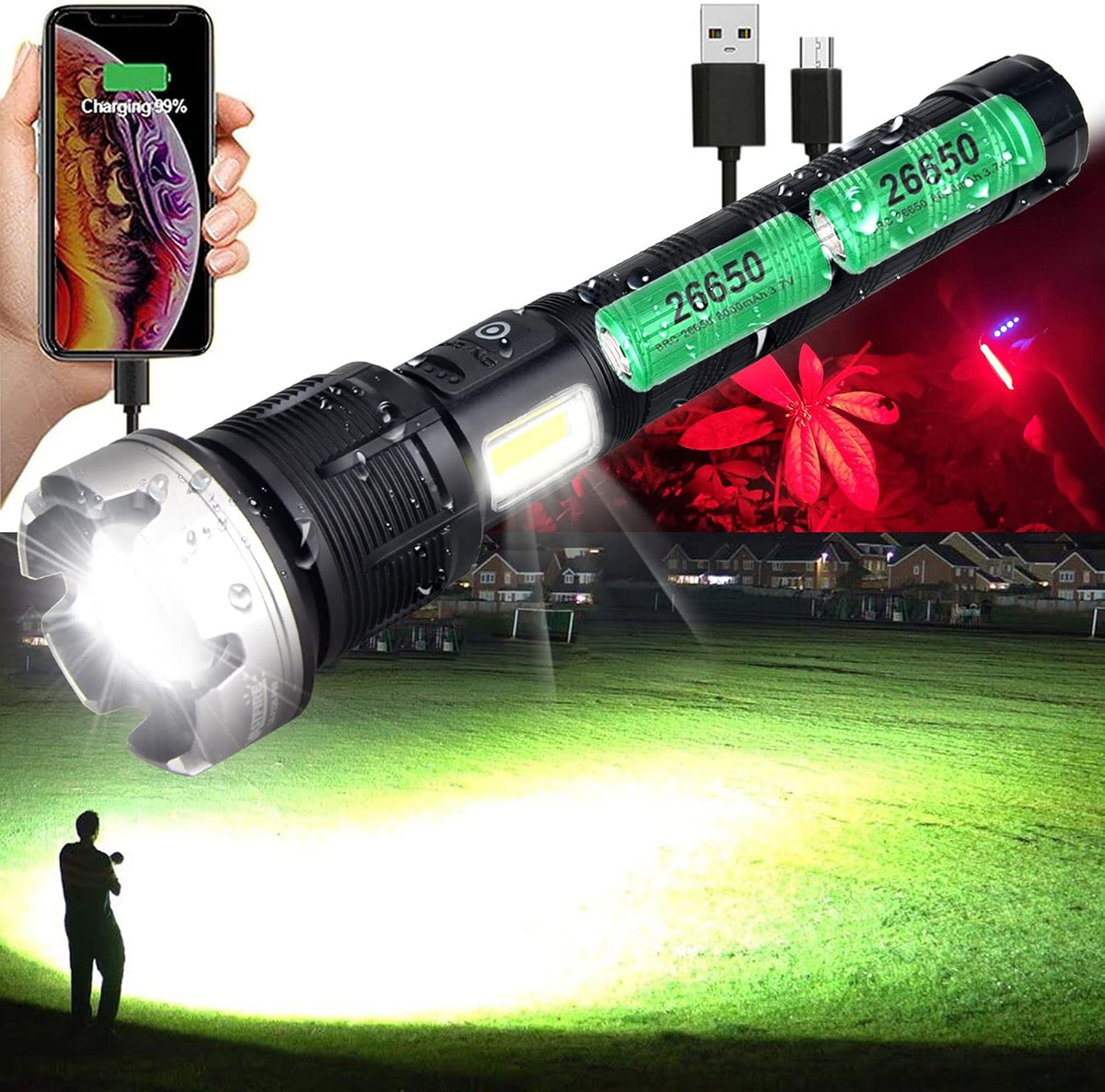 Rechargeable Flashlights High Lumens 1000000 Zoomable 26650 Floodlight Spotlight Strobe Light Lanterns P528