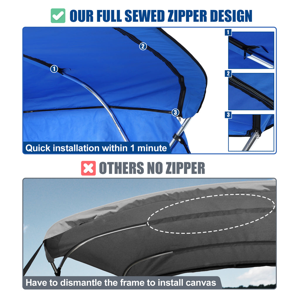 600D 3 Bow 6'L x 46"H x 67"-72"W Bimini Top Canvas Cover with Detachable Side Blocks Storage Blue F16791