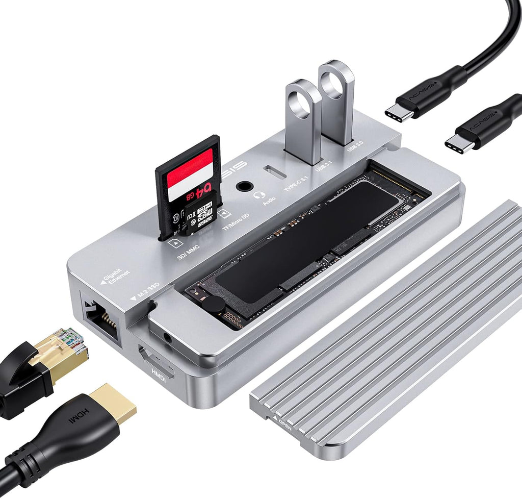 USB-C Hub 10-in-1 Docking Station with M.2 NVME & SATA SSD Enclosure, 4K60 HDMI, 80W Power Delivery Z1568