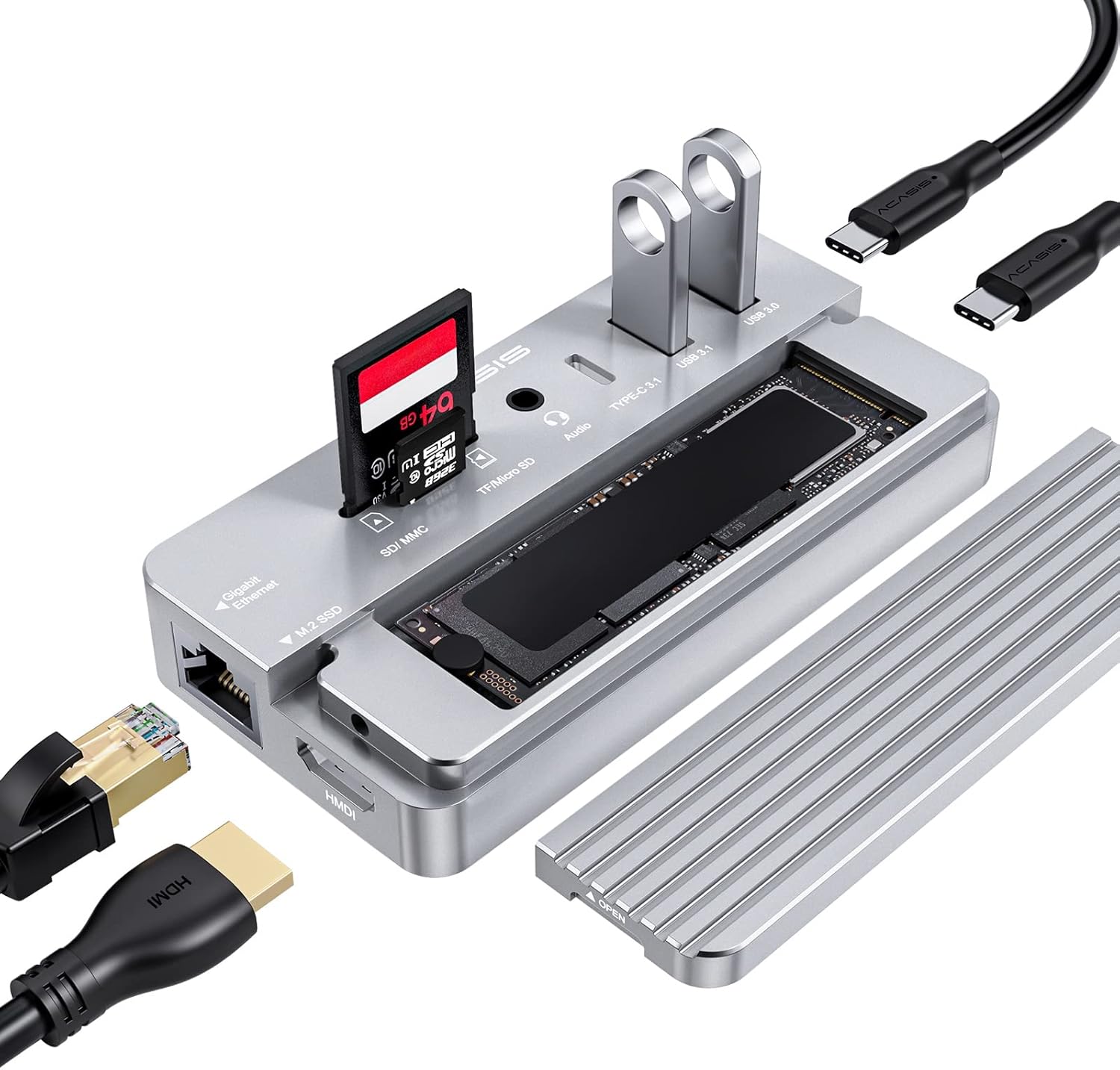 USB-C Hub 10-in-1 Docking Station with M.2 NVME & SATA SSD Enclosure, 4K60 HDMI, 80W Power Delivery Z1568