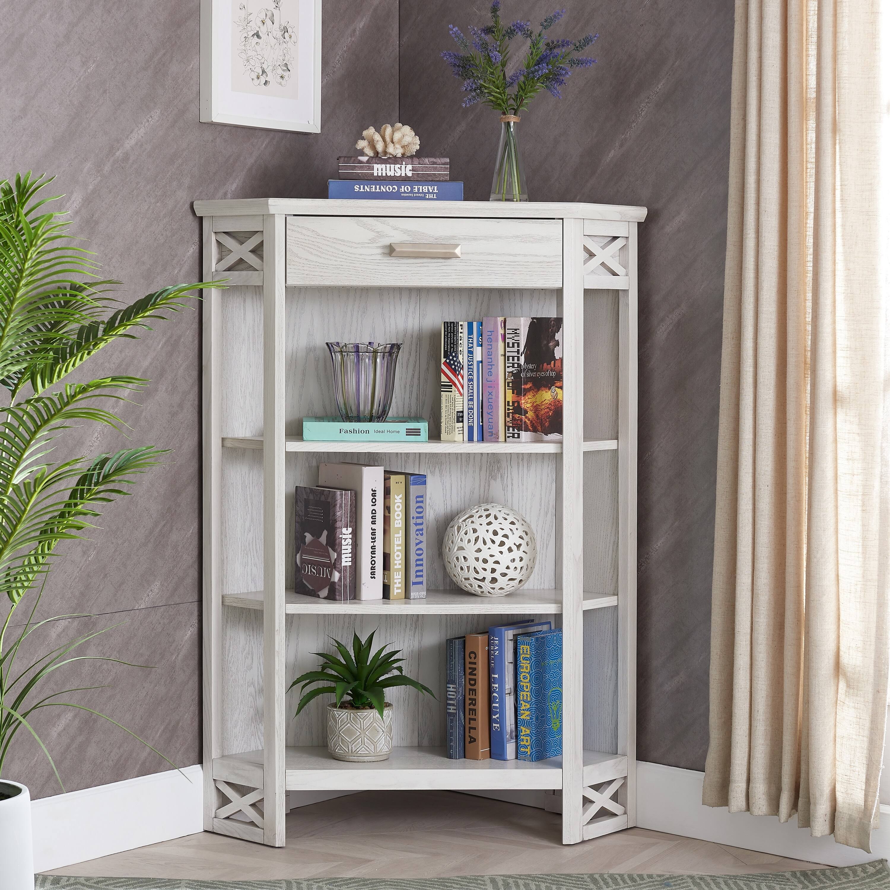 Weathered White 3-Shelf Corner Bookcase with Drawer Storage G355567