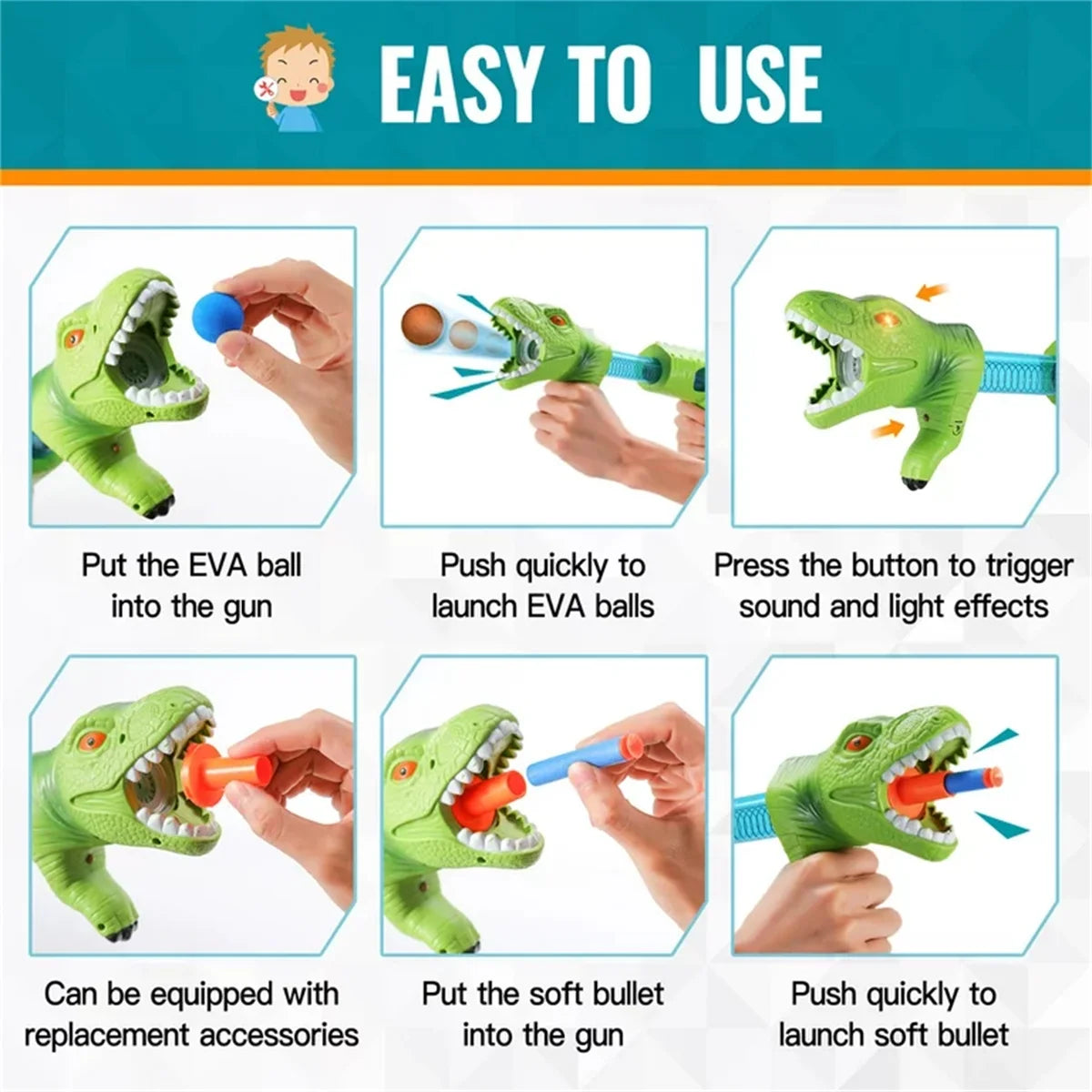 Dinosaur Shooting Game Toy with 2pk Foam Ball Popper Air Guns & 30 Foam Balls Y989