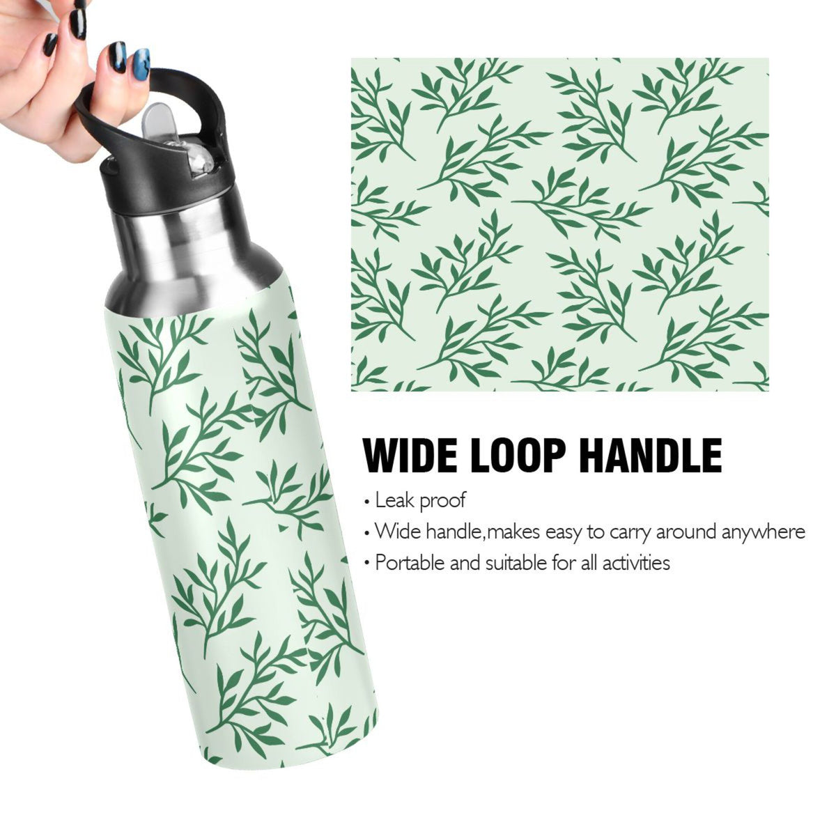 Green Stainless Steel Insulated Water Bottle with Straw Lid T1368
