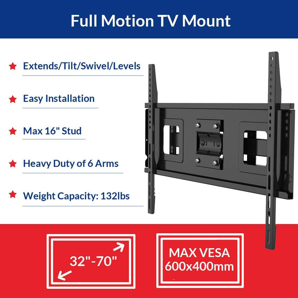 32-70 Inch Articulating Full Motion Swivel Tilt TV Wall Mount Bracket 18 Inches Arm Max VESA 600x400mm 132 lbs with 10ft HDMI Cable Pack of 2 F299727