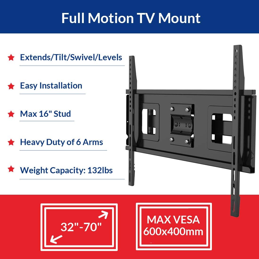 32-70 Inch Articulating Full Motion Swivel Tilt TV Wall Mount Bracket 18 Inches Arm Max VESA 600x400mm 132 lbs with 10ft HDMI Cable Pack of 2 F299727