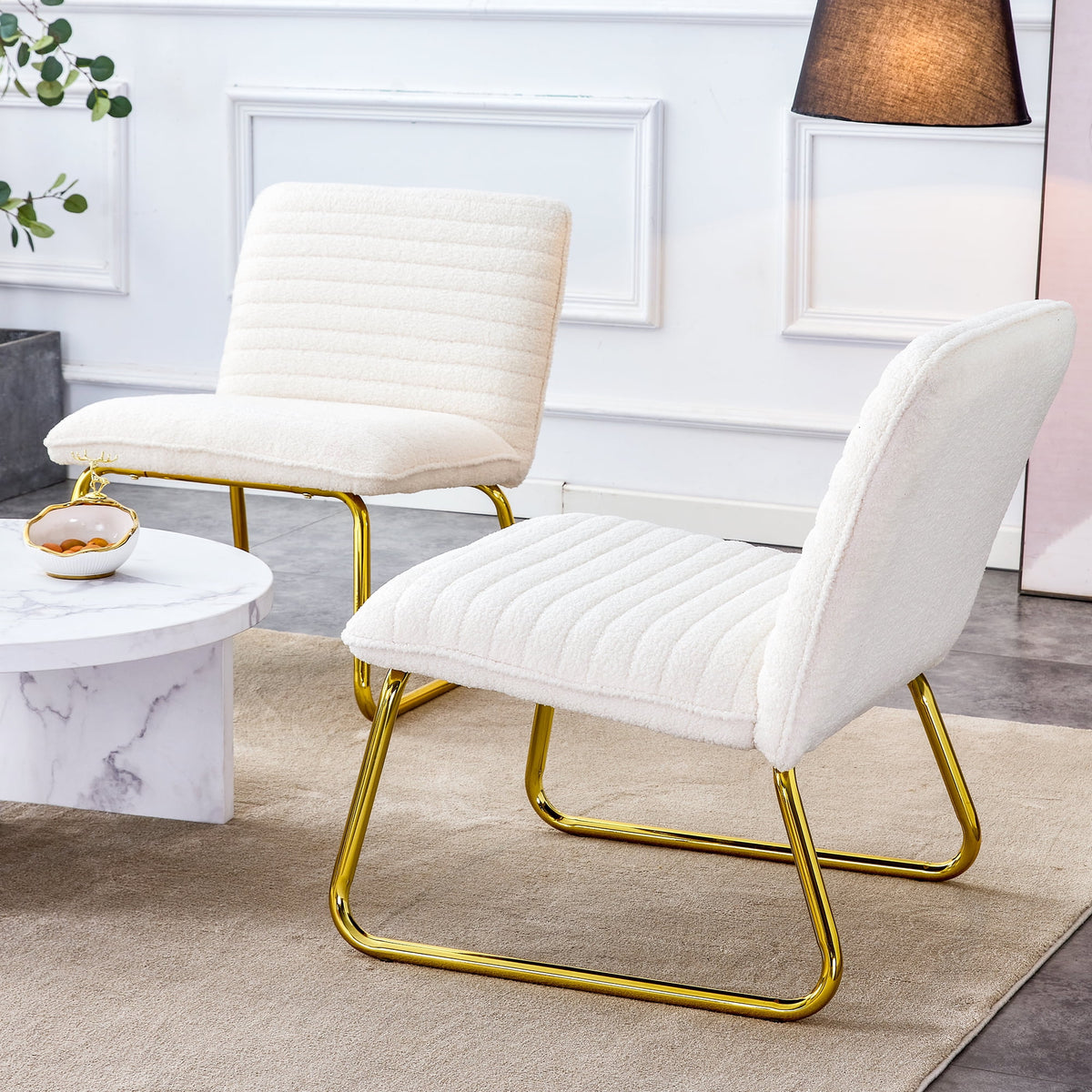White Armless Sofa Chair with Plush Cushion and Backrest with Golden Metal Legs G220