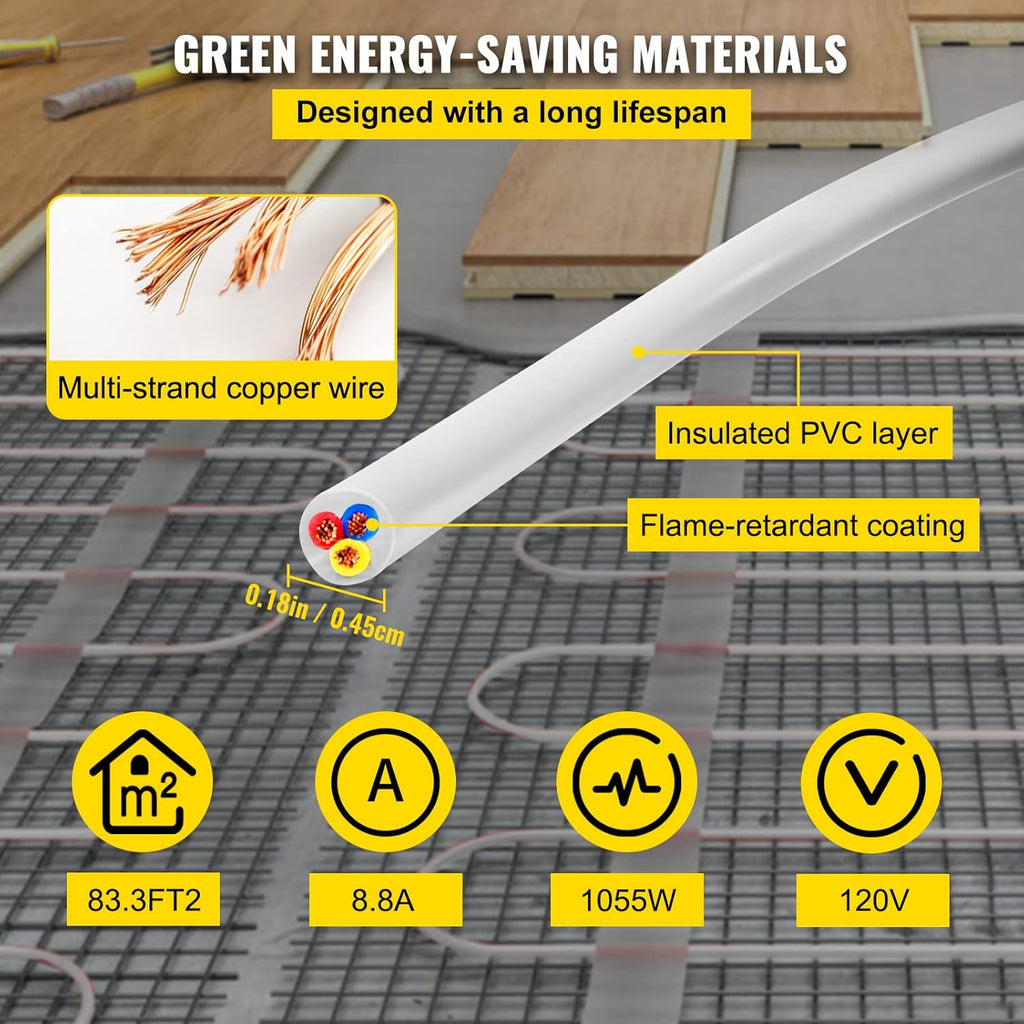 Floor Heating Cable 83.3 Square Feet Waterproof Insulated with Temperature Control Panel D669718