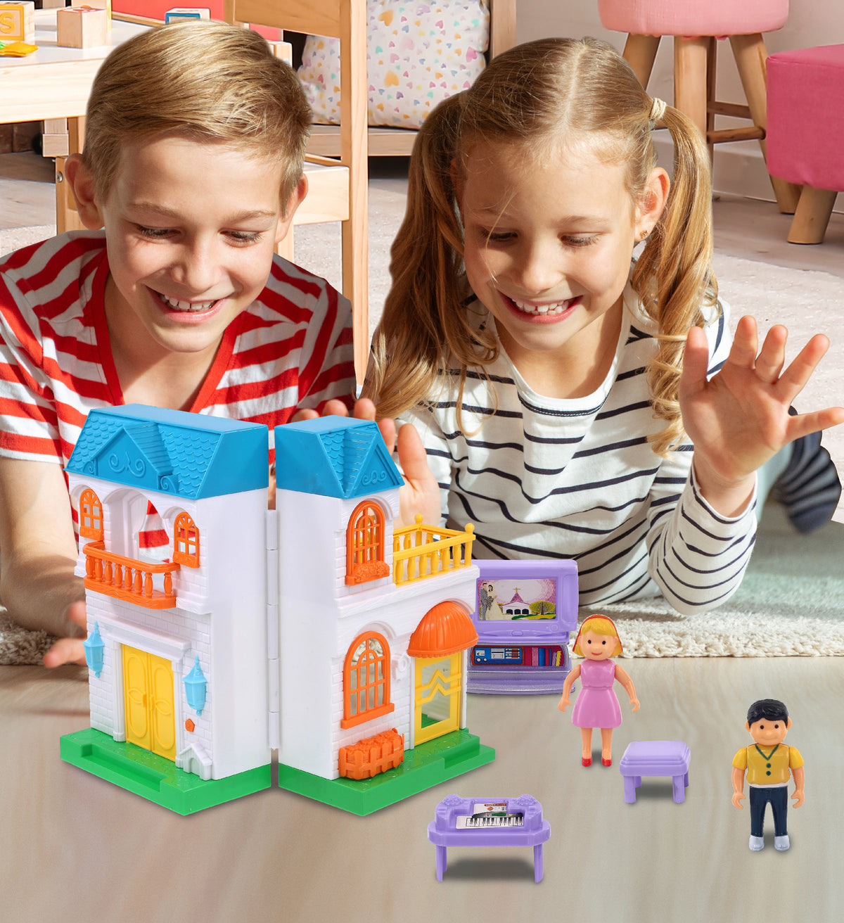 Mini Doll House Playset with 1 Pink House and 1 Blue House Set Q716