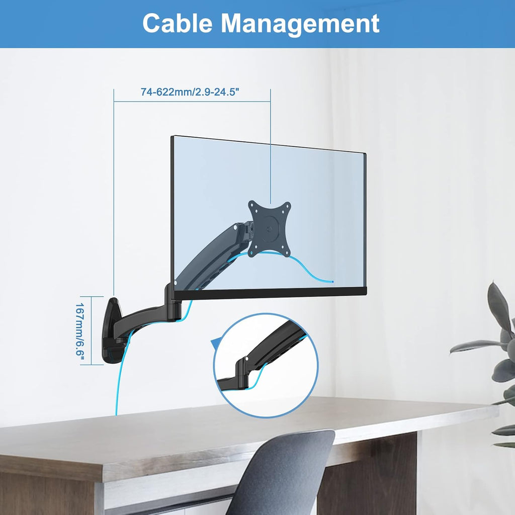 Single Wall Monitor Mount, Full Range Motion Wall Mounted Monitor Arm, Fully Adjustable PC Computer Wall Mount with Extendable Arm Fits up to 27" 13.2lbs Screens Max VESA Size 100x100mm Pack of 2 C53926