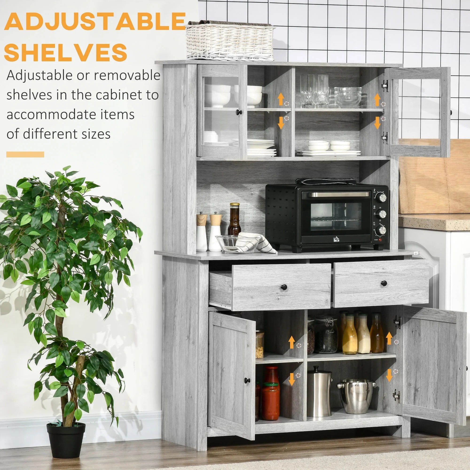 Ash Grey Kitchen Buffet with Hutch and Framed Glass Doors T10756