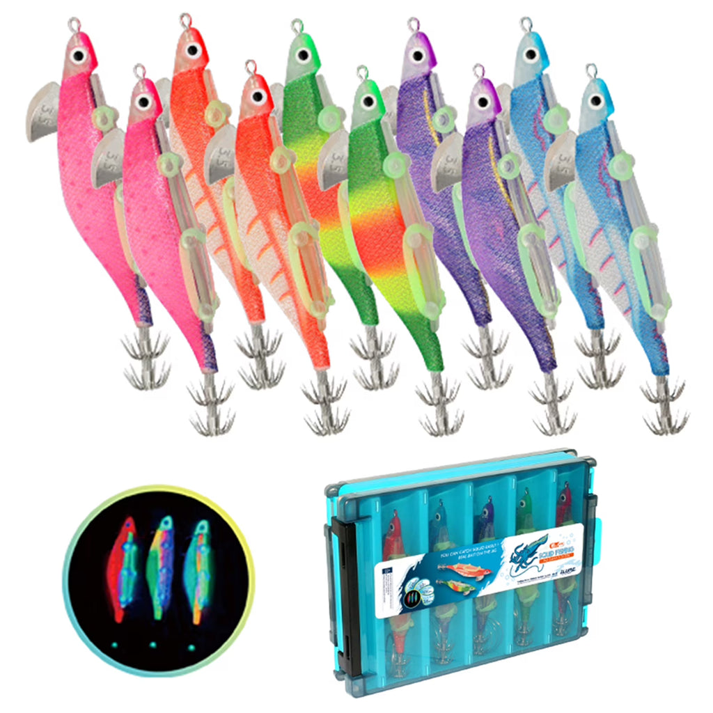10pcs Fishing Luminous Shrimp Lure Hard Artificial Bait Wood with Squid Hooks N843895