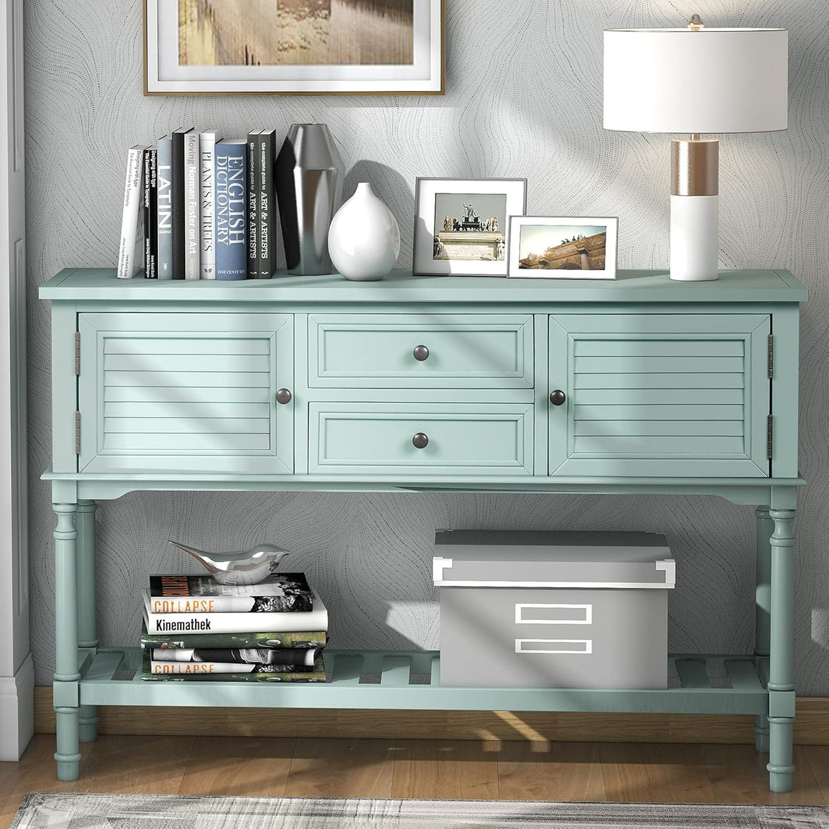 Green Solid Wood Console Table with 7 Drawers and 1 Cabinet Q37540