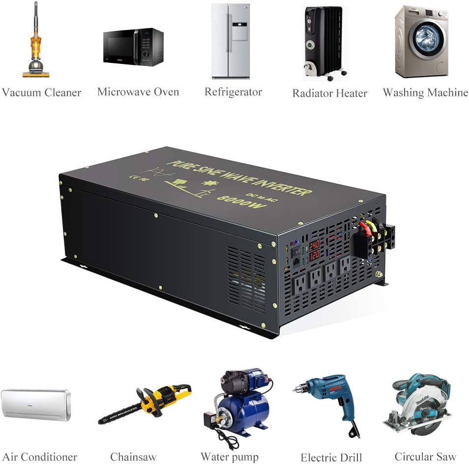 8000W Pure Sine Wave Power Inverter DC 48V to AC 120V with 4 AC Outlets Remote Control LED Display O428218
