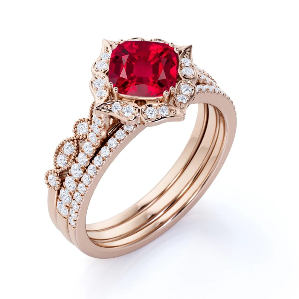 18k Rose Gold over Silver Simulated Ruby Trio Ring Set R615437