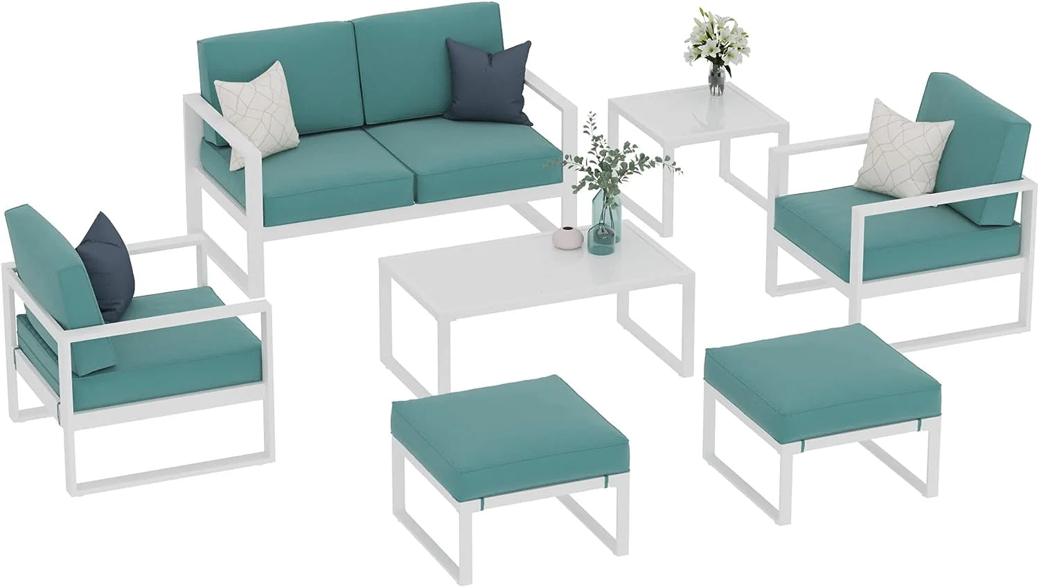 White Frame Blue Cushion 7 Pcs Outdoor Patio Furniture Set R4972