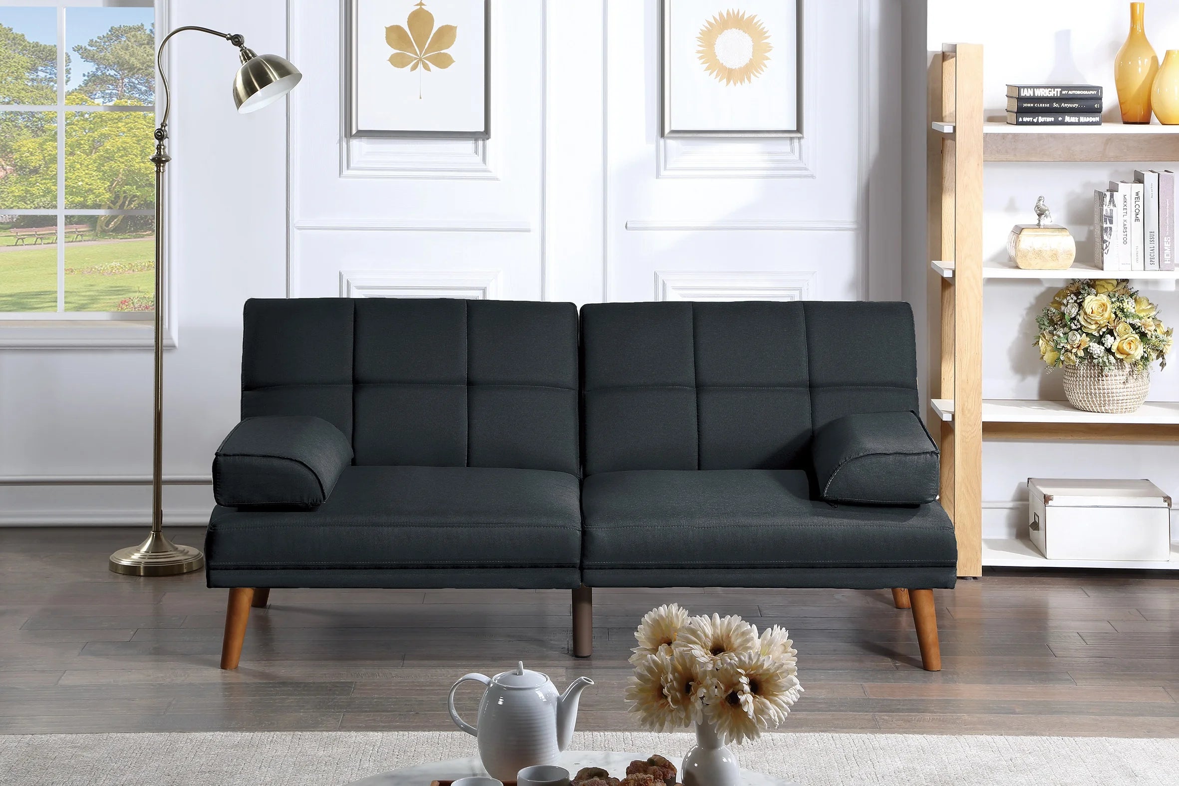 Black Polyfiber Convertible Sofa Bed O9640