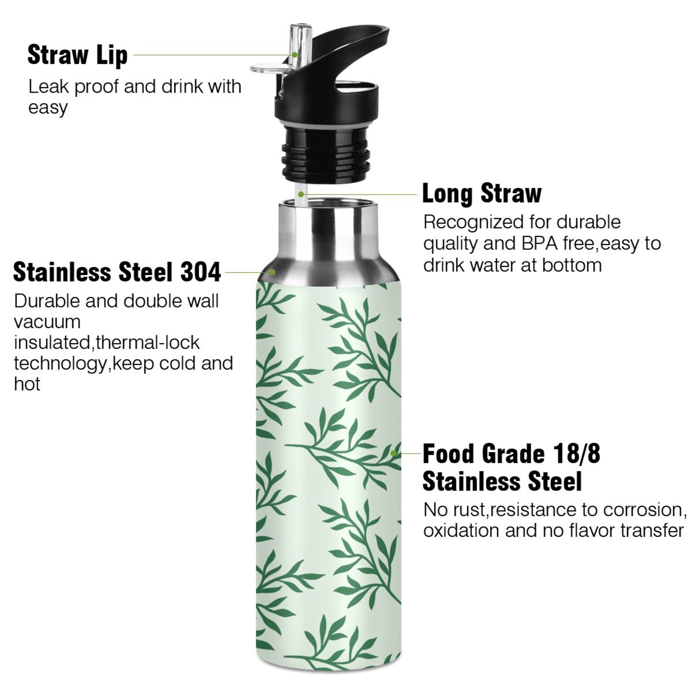 Green Stainless Steel Insulated Water Bottle with Straw Lid T1368