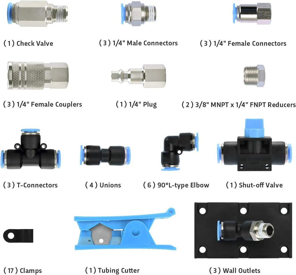 49PCS 3/8 Inch Nylon Compressed Air Pipe Kit with Cutter, Tees, Mounting Clips, Connectors R30866