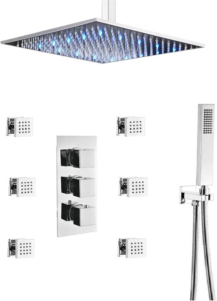 Brushed Nickel LED Rain Shower Head System with Thermostatic Mixer Valve and Body Sprayer Jets A771803