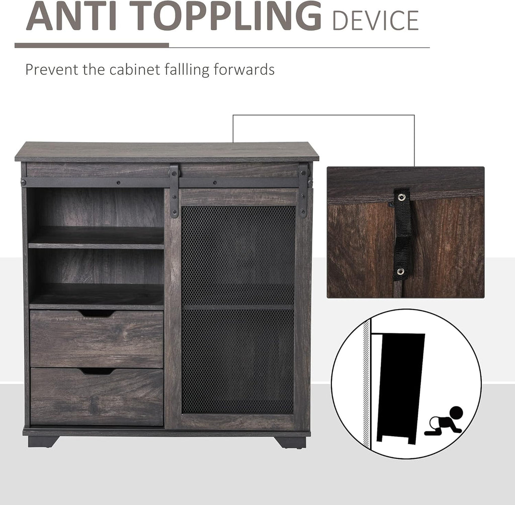 Industrial Storage Cabinet Sideboard Buffet with 2 Drawers, 2 Shelves & Metal Mesh Door, Dark Brown/Black N7076